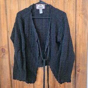 Tiara International Crochet Cardigan Women Large Black Excellent Vintage‎ Tie